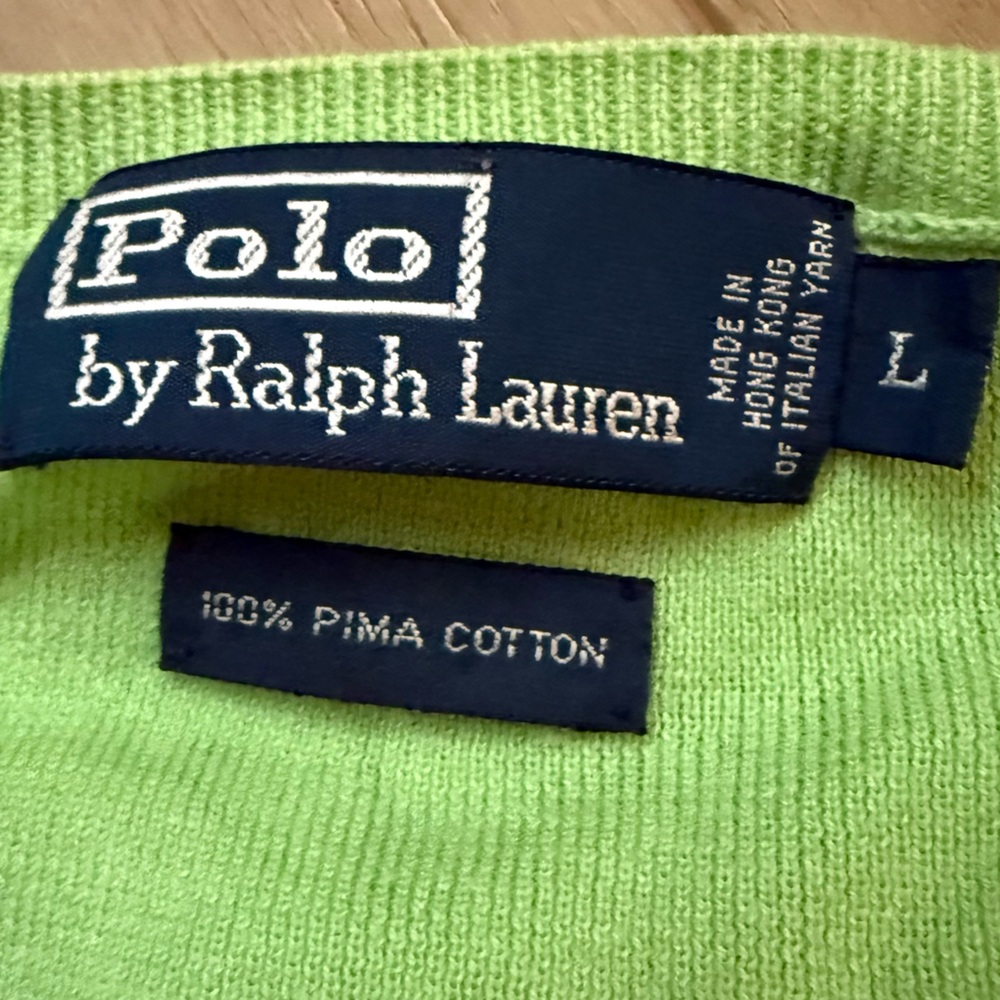 Polo Ralph Lauren Vintage Lime Green Orange Pony Pima Cotton V Pullover Sz L - Picture 5 of 7